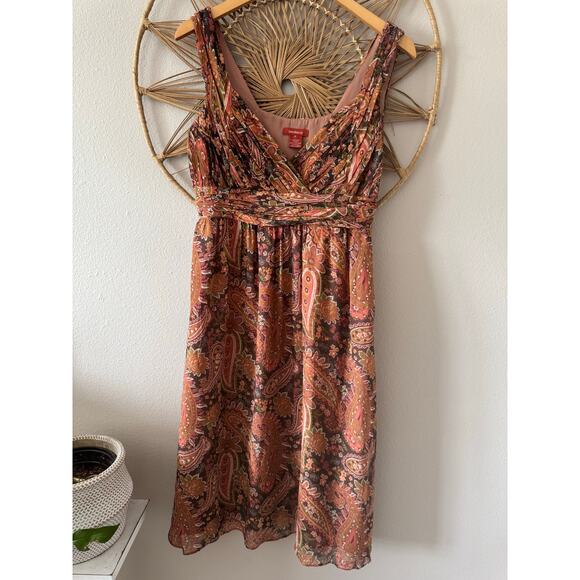 Sundance Silk Orange Brown Green Fall Autumn Paisley Y2K Midi Dress SIZE 8 - Picture 3 of 10
